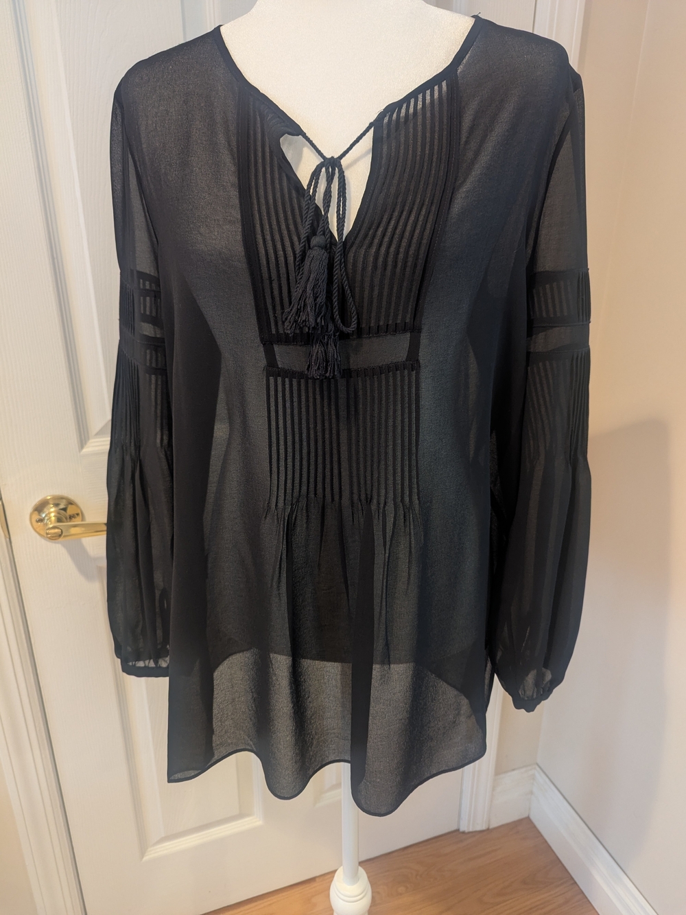 Tommy Hilfiger Black Sheer Tassel Pintuck Peasant Blouse